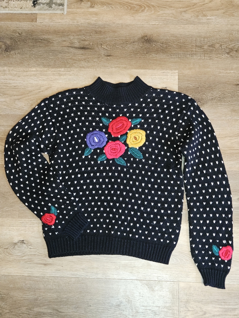 Vintage Sugar Co. Black Floral Sweater with Heart Knit Embroidery Grannycore
